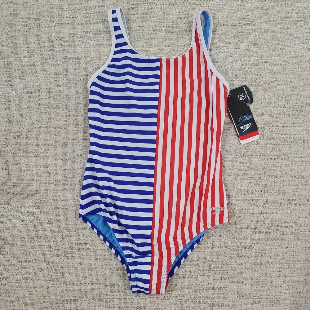 NEW Speedo Girls Swimsuit One Piece Thin Straps Red White Blue Stripe